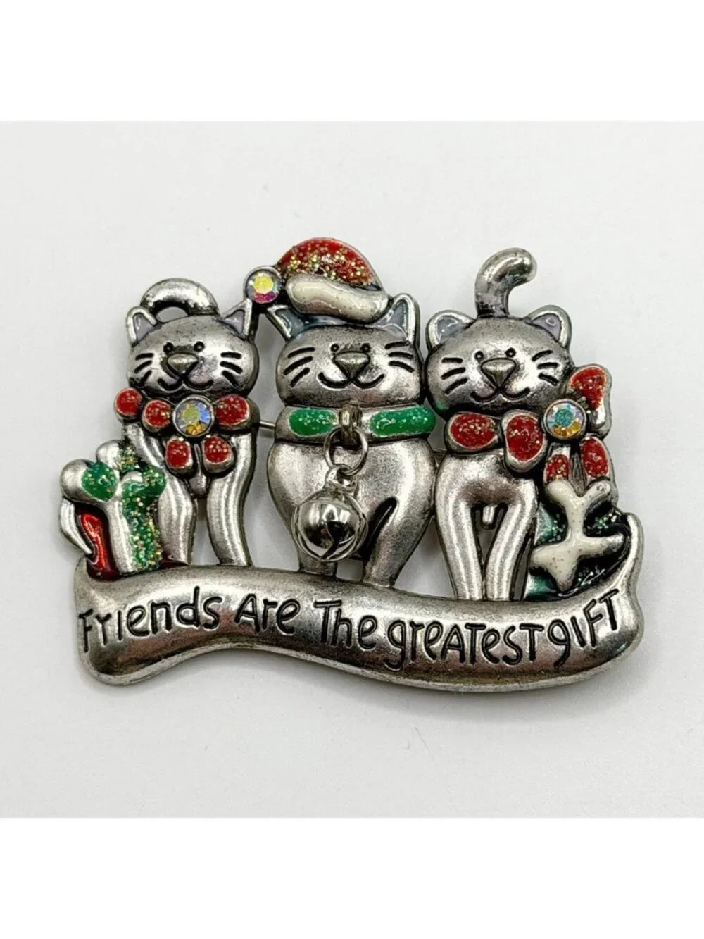 CAT PIN Brooch CHRISTMAS “Friends Are The Greatest Gift” Silver Tone Rhinestones